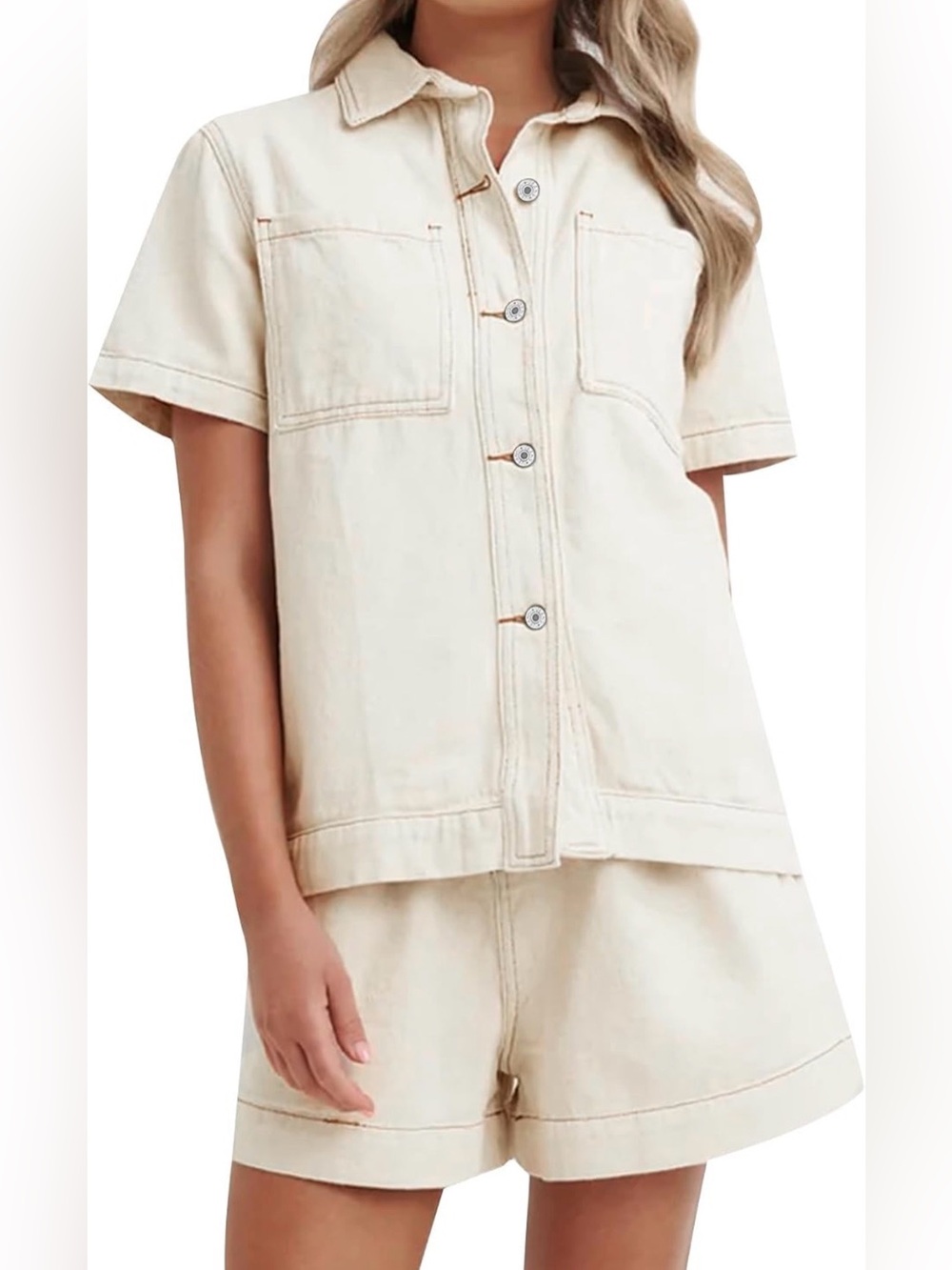 Cream cotton denim shirt and high-waisted shorts set
